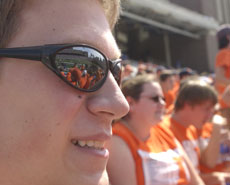 Joe Bohn, sophomore in LAS, sits in the I-Block section of the stands at Memorial Stadium awaiting the start of the Illini and Western Michigan game on Saturday. Tim Eggerding
