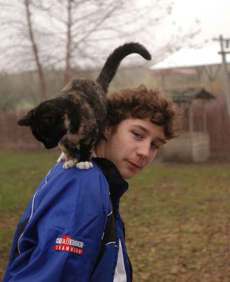 Ben Beck, 13, of Champaign plays with a kitten at Curtis Orchard in Champaign Thursday. "We´re just picking pumpkins," Beck said. Dan McDonald

