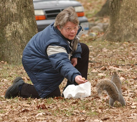 Joyce Phares of Urbana feeds nuts to squirrels at Crystal Lake Park in Urbana, Tuesday afternoon. I love squirrels, Phares said. Phares feeds the squirrels every so often. Online Poster
