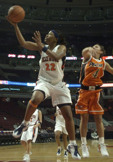 Tiffanie Guthrie (22) jumps on her way to the basket during the first half Saturday at the United Center. Guthrie shot 3 of 9 for 6 points in the 74-31 blowout victory. Online Poster
