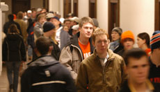 Students wait in the corridor at David Kinley Hall to get into the Illini Pride Meeting on Wednesday night. Troy Stanger
