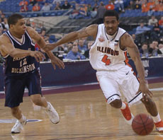 Illinois guard Luther Head (4) drives past Fairleigh Dickinson´s Bernell Murray (12) Thursday at the RCA Dome in Indianapolis. Head had 13 points in 38 minutes of play. Online Poster
