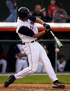 Third baseman Chad Frk swings against Indiana April 23 at Illinois Field. Daily Illini file photo
