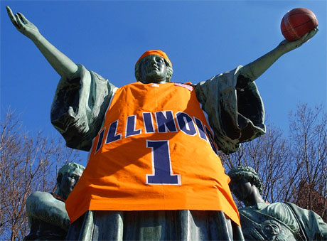 The Alma Mater recived a basketball uniform courtsey of five Illinois alumni. Kathy Kingston, one of the creators of the uniform, said about the uniform,The alumni were doing what the undergrads should have done.´ Troy Stanger
