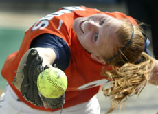 Illinois third baseman Shanna Diller watches the foul ball fall from her glove during the second game of the double header against Purdue on Sunday. Illinois lost both games of the double header 9-1 and 8-7. Online Poster
