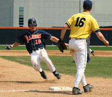 Illinois senior Chad Frk runs to third base on Sunday at Illinois Field during the second inning. Online Poster
