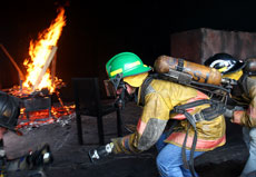 Ducking below the heavy smoke from the fire, Patrick Cleary, sophomore in ACES, followed by Malini Doshi, senior in applied life studies, get ready to fight fire as part of "Fire Factor 2005," on Sunday afternoon at the Illinois Fire Service Institute. Th Online Poster
