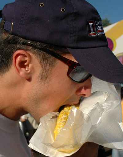 Graduate student Jason Berner eats some sweet corn at the Sweet Corn Festival in Urbana on Saturday. Jamey Fenske
