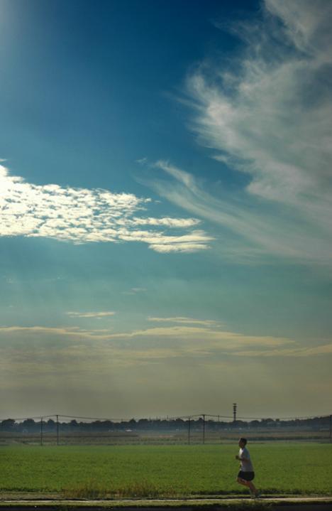 Jonathan Wilson, a senior in engineering, jogs to his turn-around point at the corner of Lincoln Ave. and Windsor Rd. on a sunny Wednesday afternoon. Austin happel
