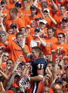 Illinois linebacker J Leman (47) joins the Block-I crowd in cheering after Illinois´ 40-19 victory over San Jose State on Saturday. Leman and the rest of the Illini head to Berkeley this weekend to take on the California Golden Bears. Troy Stanger
