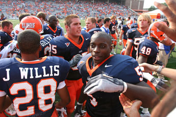 Illinois players interact with fans after the game Sept. 10, at Memorial Stadium. Illinois defeated San Jose State, 40-19. Josh Birnbaum
