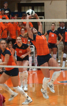 Stephanie Obermeier (4) sets the ball over her back at Huff Hall on Saturday. Illinois lost to Wisconson, 3-0. Jamey Fenske
