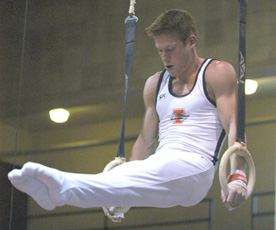 Justin Spring won the all-around title and three event titles against University of Illinois at Chicago at Huff Hall on Saturday, March 12. Illinois won 221.550-209.450. Daily Illini
