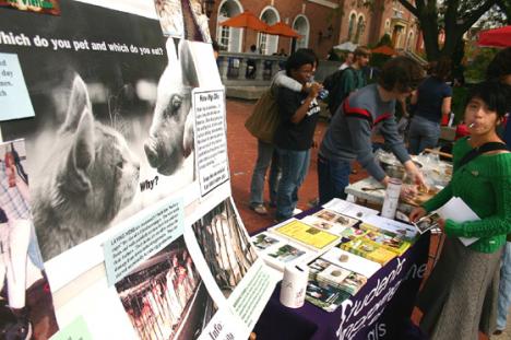 Anne Marie Santos (far right), sophomore in LAS, picks up information from the Students Improving the Lives of Animals booth Wednesday on the Quad. SILA was also giving away vegetarian food items. Regina Martinez
