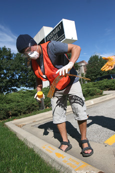 Ben Cober, junior in Applied Life Studies and member of the Illini Wildlife Society, paints storm drains in the Assembly Hall parking lot on Sunday with stencils that say, "Dump No Waste; Drains to Rivers." Josh Birnbaum
