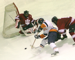 Illinois forward Jordan Pringle sets up a play against Indiana Unviersity´s defense during Illinois´ second game at the University Ice Arena Saturday. Illinois beat Indiana 3-1. Adam Babcock
