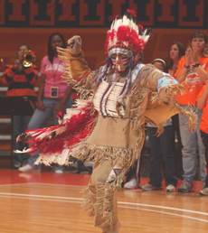 Chief Illiniwek performs during halftime of the women´s basketball game Sunday. The Chief will continue to appear at basketball, football and volleyball, regardless of the NCAA´s denial of Illinois´ appeal. Tessa Pelias
