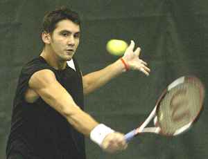 Amer Delic volleys during the Wright Financial/NW Mutual Financial Challenger at the Atkins Tennis Center on Nov. 17, 2004. Daily Illini File Photo
