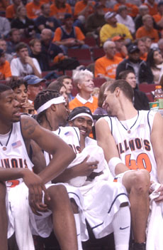 Dee Brown and James Augustine talk with former Illinois guard Luther Head, now playing for the Houston Rocket´s, at the Rose Garden Arena in Portland Oregon on Saturday. Head was in town for the Rockets vs. Portland Trailblazers game Saturday night Shira Weissman
