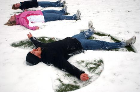 Alex Clemens, junior in LAS; Alex Kale, sophmore in LAS; and Laura Gelsthorph, sophmore in LAS, make snow angels Thursday afternoon on the Quad to kill time before class. Amelia Moore
