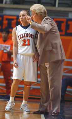 Coach Theresa Grentz talks with Maggie Acuna during the first half against the Ohio Girls Basketball Report Legends on Nov. 15, 2004. Daily Illini File Photo
