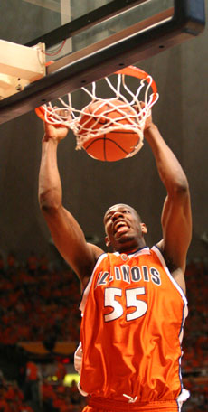 Center Shaun Pruitt dunks during the game against Purdue at Assembly Hall on Saturday. Illinois beat Purdue 76-58. Adam Babcock
