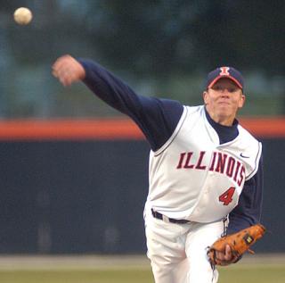 Illinois pitcher Brian Blomquist throws against Ohio State at Illinois field on Friday, April 1, 2005. Illinois defeated Ohio State, 7-1. Daily Illini File Photo
