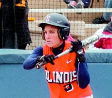 llinois softball player Rachelle Coriddi stands at bat during the Illinois-Iowa softball game on March 31. Tessa Pelias
