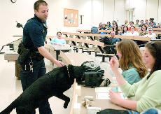 Urbana Police officer, Jay Loschen, and his canine partner, Scooby, visit the Veterinary Medicine building Wednesday afternoon to discuss bulletproof vests for police dogs. Suzanne Stelmasek
