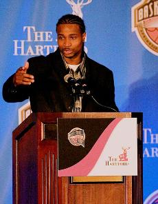 Dee Brown accepts the Bob Cousy award for the best point guard in the country at the Basketball Hall of Fame press conference in Indianapolis on Monday. In his speech, Brown stressed the importance of his team and family in contributing to his performance Adam Babcock
