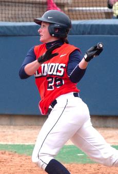 Illinois softball player Lana Armstrong drops the bat and runs for first base during the Illinois vs. Iowa softball game on March 31. Tessa Pelias
