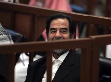 Saddam Hussein is seen during a session at his trial in Baghdad, Iraq, on April 24. Prosecutors in the trial of Saddam Hussein on Monday played an audiotape said to be a phone call between the former Iraqi leader and one of his co-defendants discussing th The Associated Press
