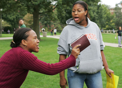 Josh Birnbaum The Daily Illini Damika Benya of Michigan, left, who said she was with Soul Winners Ministries International, preaches on the Quad on Thursday afternoon as Ashanti Barber, junior in LAS, tries to refute her claims. Repent, sinners, repent! screamed Benyah with a Bible in hand as Barber tried to tell people, This girl is perverting the word of God.
