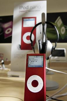 A new Apple Red iPod Nano is shown on display at an Apple Store in Palo Alto, Calif., Wednesday. Apple will contribute $10 from the sale of each new red-colored iPod nano to The Global Fund, an organization that fights AIDS in Africa. Paul Sakuma, The Associated Press
