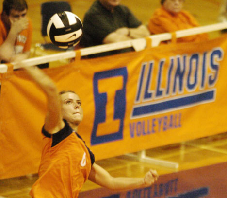 Outside hitter Amy Palash (6) serves the ball during the third game in a match against Iowa, Saturday September 30th, 2006 in Huff Hall. The Illini won the match 3 games 1. Beck Diefenbach The Daily Illini
