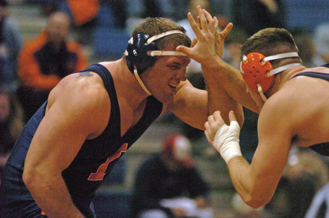 Brad Vest The Daily Illini Illinois John Wise and Matt Harding wrestle Friday night, November 3, 2006, at Huff Hall. Friday was Illinois first wrestling event Wrestle offs where Illinois wrestlers wrestle each other.
