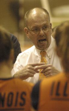 Volleyball coach Don Hardin works with his team during a timeout in the second game of a match against Iowa, Saturday, Sept. 30, in Huff Hall. Hardin signed five recruits for the 2007 season. Beck Diefenbach
