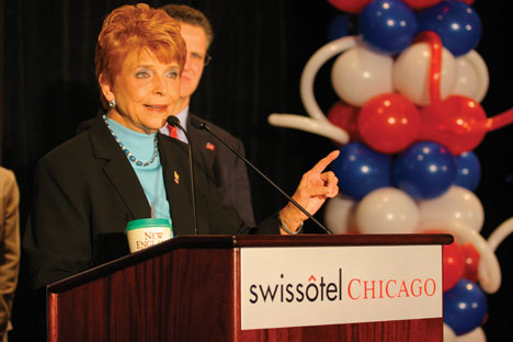 Brad Vest The Daily Illini Judy Baar Topinka, the 2006 Republican nominee for Governor, concedes her race for Illinois Governor in front of a crowd of supporters at the Swissotel in downtown Chicago Tuesday night, November 7, 2006. Topinka's votes fell short and incumbent Governor Rod R. Blagojevich will serve another term.
