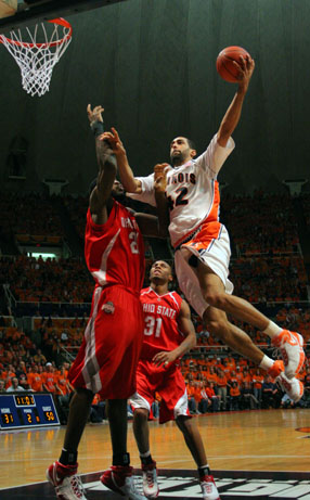 Brad Vest The Daily Illini Illinois Brian Randle attempts a shot over Ohio States Greg Oden during the second half of Saturdays game, January 6, 2007. Randle finished the game with 5 points and 5 rebounds, but the Illini lost 44-62.
