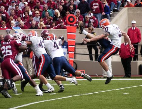 Peter Hoffman The Daily Illini -- Illinois kicker Steve Weatherford executes a punt during a game versus Indiana in Bloomington, Ind. Daily Illini File Photo
