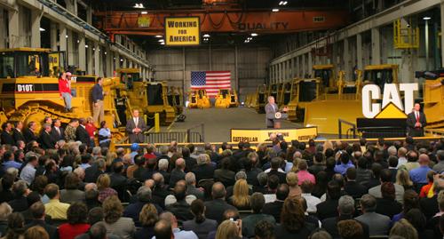 President Bush speaks at the SS Caterpillar building in Peoria Illinois Tuesday afternoon, January 30, 2007. The President spoke on topics from increasing exports through the free trade policy to the state of healthcare in the United States. ME Online
