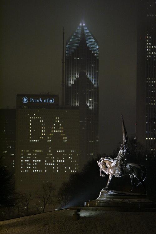 Buildings in downtown Chicago pay tribute to the NFC Champion Chicago Bears as seen through Grant Park Sunday, Jan. 21, 2007 in Chicago. The Bears defeated the New Orleans Saints 39-14 in the NFC Championship football game to advance to the Super Bowl. The Associated Press
