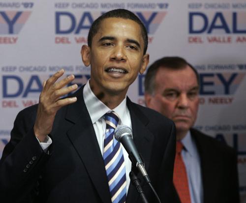 Democratic Illinois Sen. Barack Obama takes questions at a news conference after endorsing Richard Daley, right, for another term as Chicago mayor Monday, Jan. 22, 2007, in Chicago. The Associated Press
