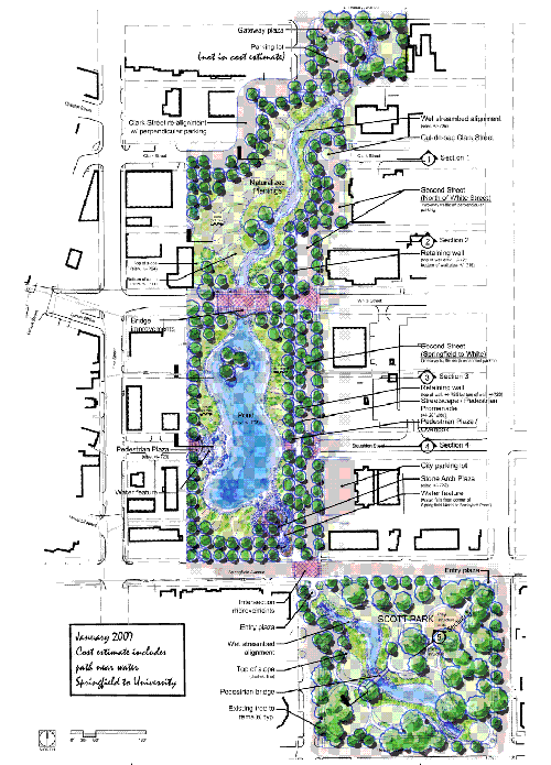 An architectural rendering shows the planned renovation of Boneyard Creek between Springfield Avenue and University Avenue in Champaign. Image courtesy of Hitchcock Design Group, Inc.
