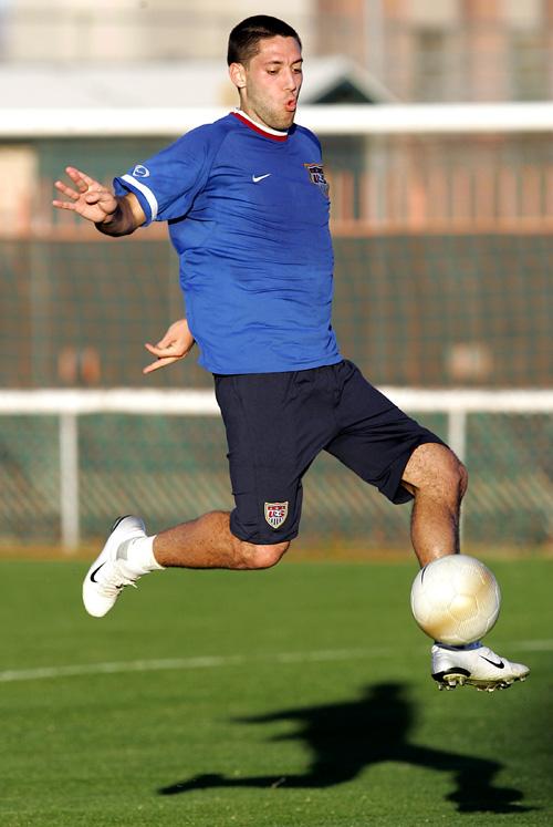 U.S. midfielder Clint Dempsey gets a shot on goal during practice Monday in Phoenix. USA will play Mexico in an exhibition game on Wednesday. The Associated Press
