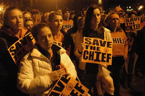 Students participate in a pro-chief rally on the quad sunday night, Feb. 19, 2007. Dan Maloney, current senior chief at Illini
