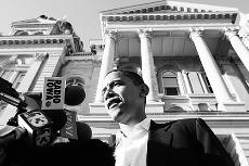 Democratic presidential hopeful U.S. Sen. Barack Obama, D-Ill., speaks during a news conference on the steps of the Iowa Capitol Building, Wednesday, in Des Moines, Iowa. Fundraising has ignited a spat between the two camps. The Associated Press
