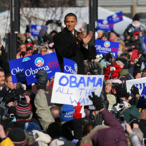 U.S. Sen. Barack Obama (D-IL) greets the crowd before he announces his candidacy for the Democratic 2008 Presidential nomination at the Old State Capitol in Springfield, Illinois on February 10, 2007. Brad Vest for the Daily Illini, Courtesy of UPI
