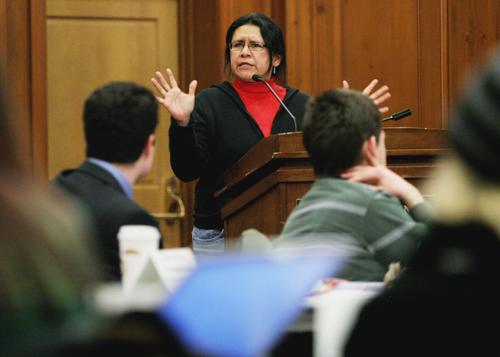 Debbie Reese, an Assistant Professor of American Indian Studies, speaks to the Illinois Student Senate about the Illini Heritage Program Referendum in the Union on Wednesday evening. There was no input sought from Native peoples on this, said Reese. T Joseph Lamberson
