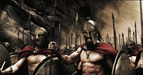 In this photo provided by Warner Bros. Pictures, Captain (Vincent Regan), Leonidas (Gerard Butler) and the Spartans stand ready to halt the advance of the Persian army in the action drama 300. The Associated Press

